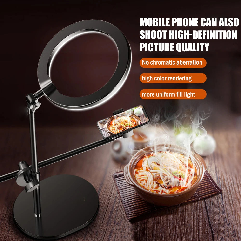 Monopod Mount Bracket with LED Ring Flash Light Lamp Tabletop Stand Tripods with Mobile Phone Holder Overhead Shot for Nail Art