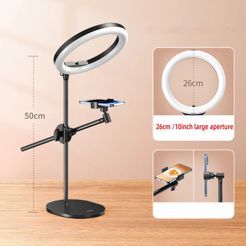 Monopod Mount Bracket with LED Ring Flash Light Lamp Tabletop Stand Tripods with Mobile Phone Holder Overhead Shot for Nail Art