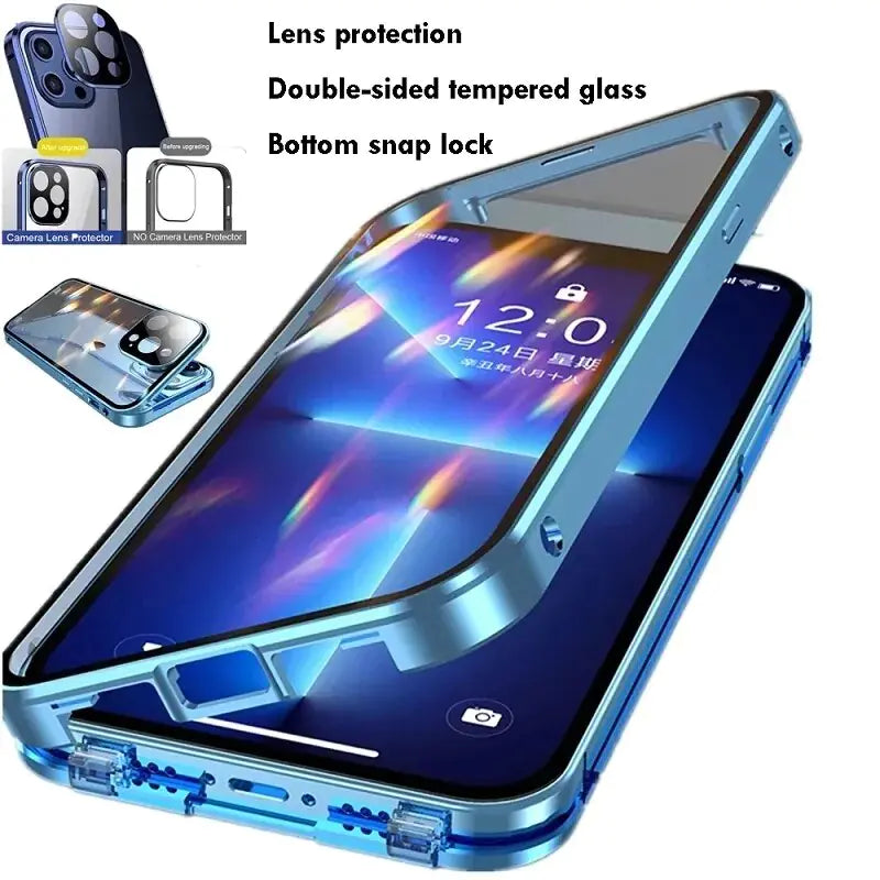 Tempered Double Glass Snap Lock Case For iPhones