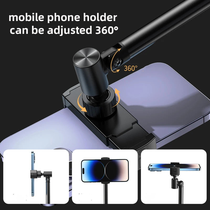 Monopod Mount Bracket with LED Ring Flash Light Lamp Tabletop Stand Tripods with Mobile Phone Holder Overhead Shot for Nail Art