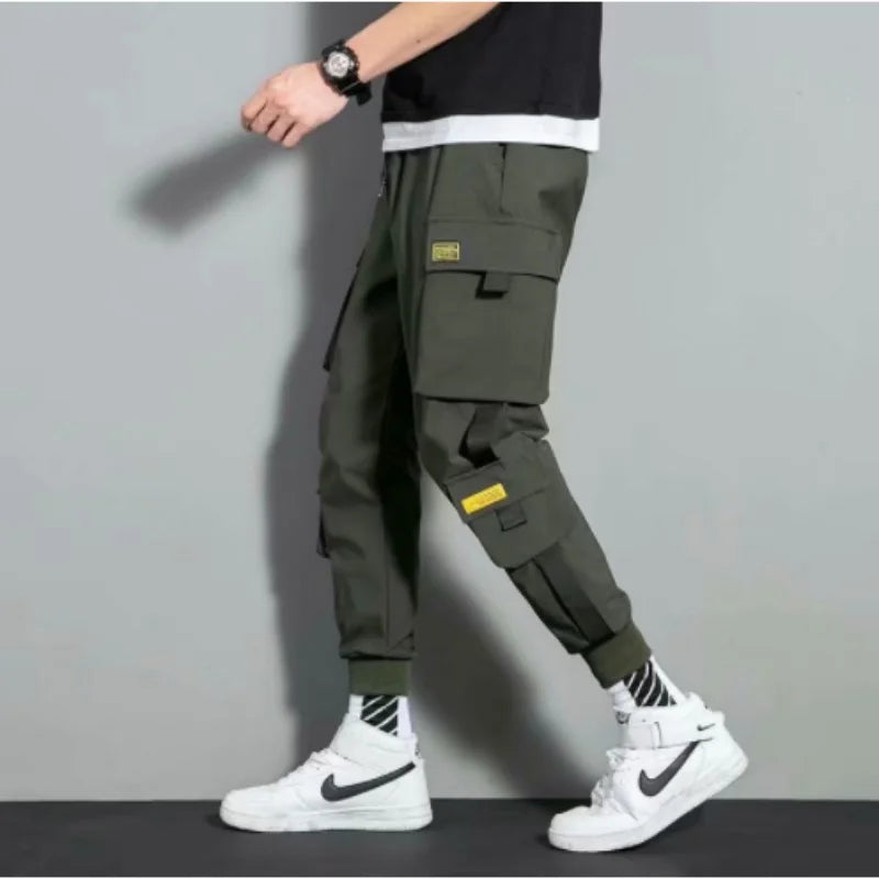 2025 Spring Autumn New Men's Korean Fashion Multi-pocket Loose Ins Nine-minute Drawstring Leg Work Pants Casual Daily Sweatpants