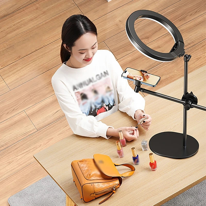 Monopod Mount Bracket with LED Ring Flash Light Lamp Tabletop Stand Tripods with Mobile Phone Holder Overhead Shot for Nail Art
