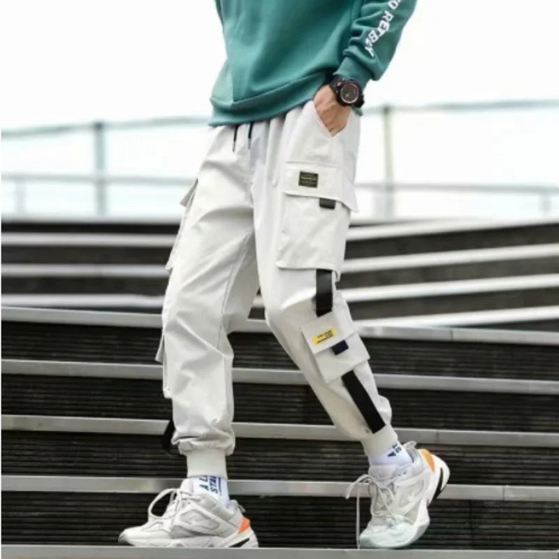 2025 Spring Autumn New Men's Korean Fashion Multi-pocket Loose Ins Nine-minute Drawstring Leg Work Pants Casual Daily Sweatpants