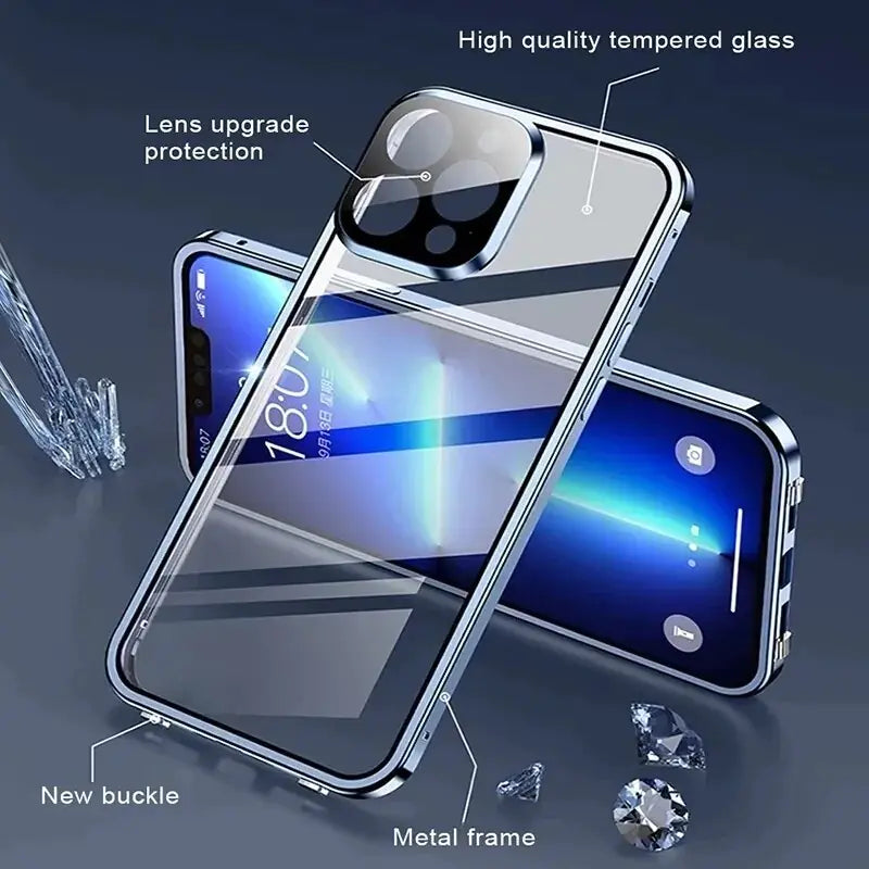 Tempered Double Glass Snap Lock Case For iPhones