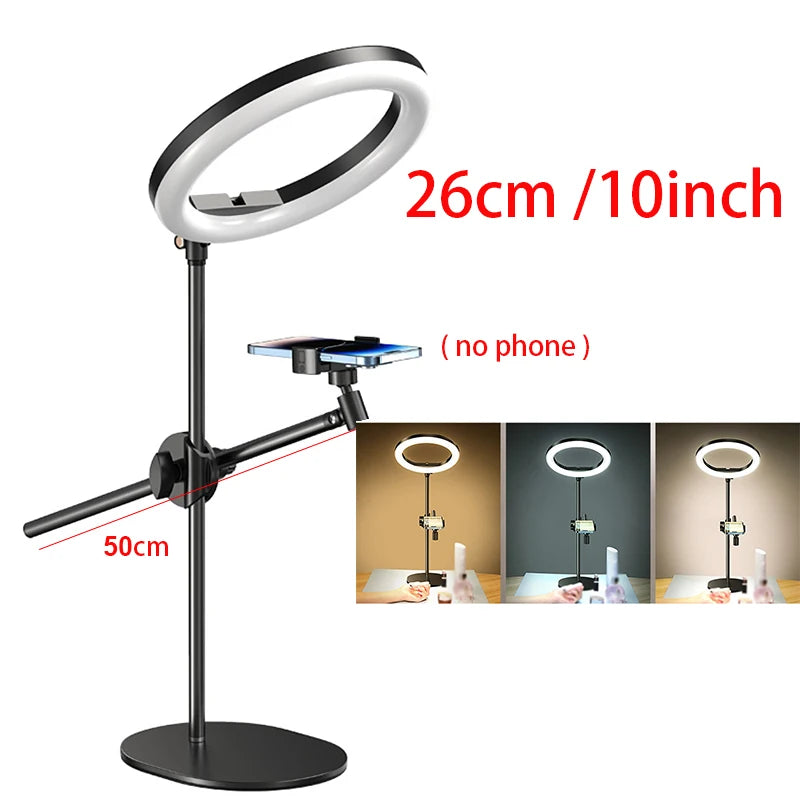Monopod Mount Bracket with LED Ring Flash Light Lamp Tabletop Stand Tripods with Mobile Phone Holder Overhead Shot for Nail Art