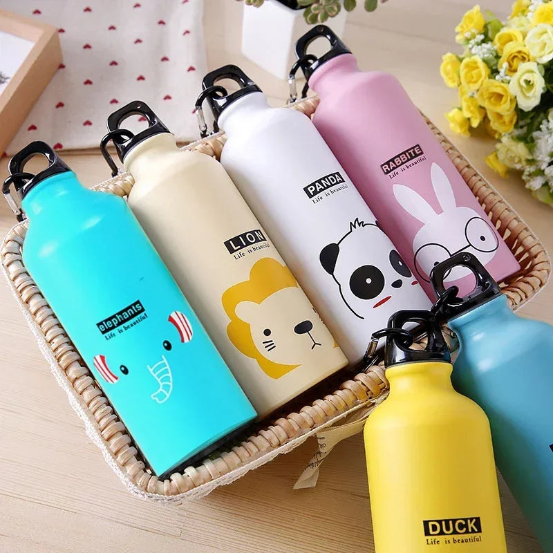 500ML Lovely Animal Pattern Vacuum Thermos for Women Kids Water Coffee Bottle Carabiner Sport Child Vacuum Flask